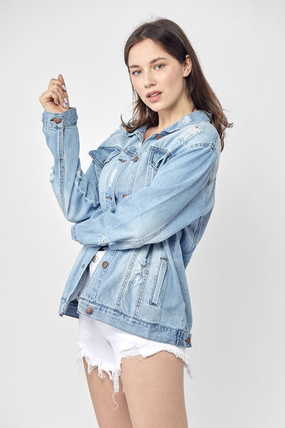 Explore More Collection - RISEN Full Size Distressed Long Sleeve Denim Jacket