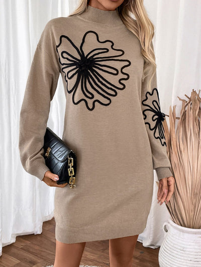 Explore More Collection - Perfee Flower Mock Neck Long Sleeve Sweater Dress