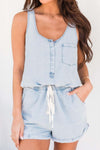 Explore More Collection - Pocketed Half Button Sleeveless Denim Romper