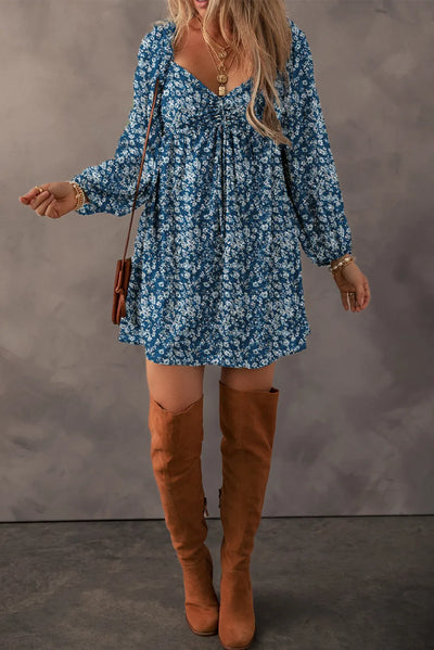 Explore More Collection - Ruched Printed Long Sleeve Mini Dress