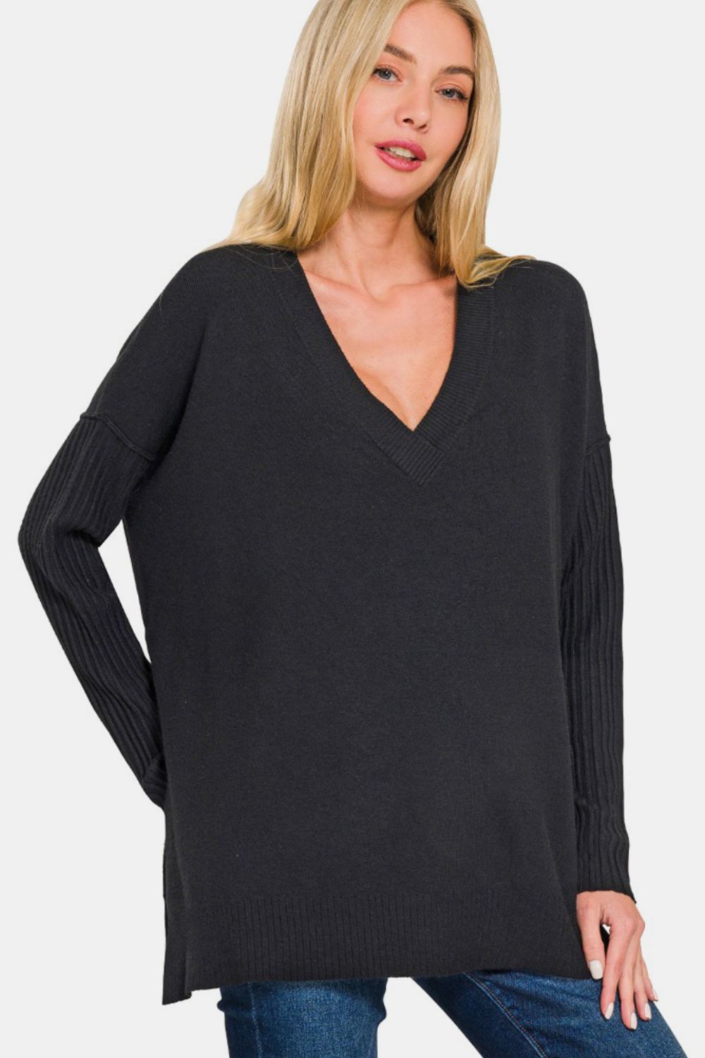 Explore More Collection - Zenana V-Neck Side Slit High-Low Sweater