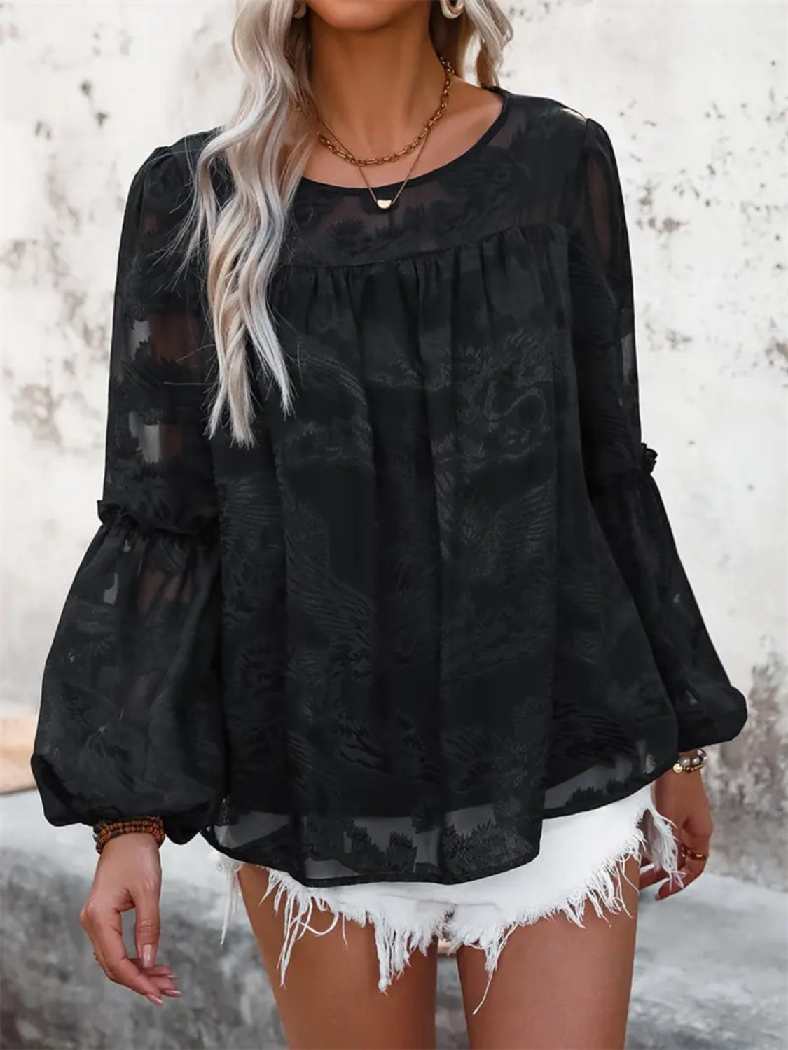 Explore More Collection - Round Neck Balloon Sleeve Blouse