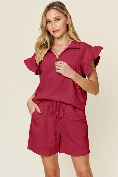 Explore More Collection - Double Take Full Size Texture Flounce Sleeve Top and Drawstring Shorts Set