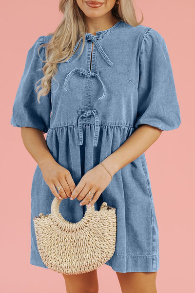 Explore More Collection - Bowknot Round Neck Half Sleeve Denim Dress