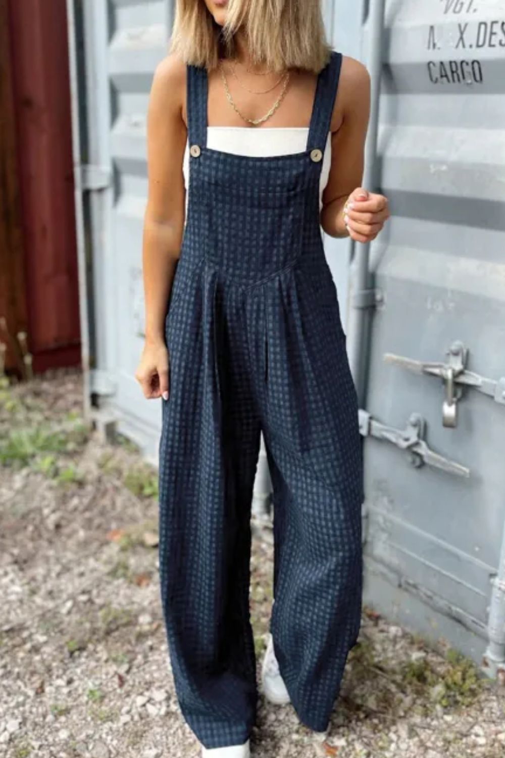 Explore More Collection - Plaid Wide Strap Wide Leg Overalls