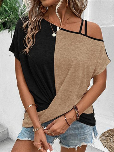 Explore More Collection - Contrast Asymmetrical Neck Short Sleeve T-Shirt