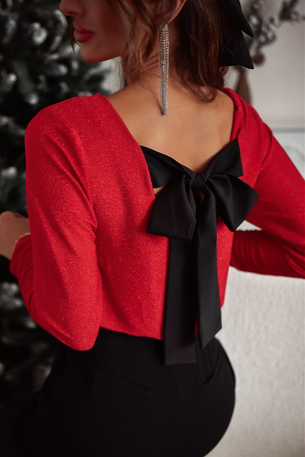 Explore More Collection - Bowknot V-Neck Long Sleeve Blouse