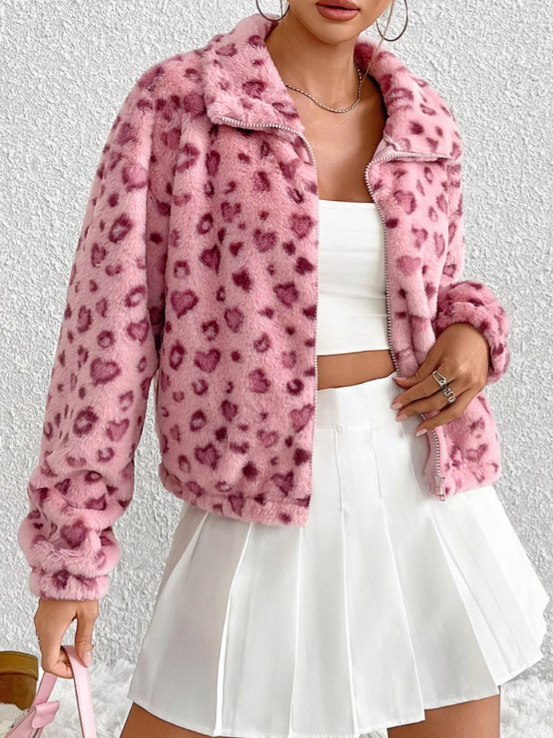 Explore More Collection - Leopard Zip Up Long Sleeve Furry Jacket