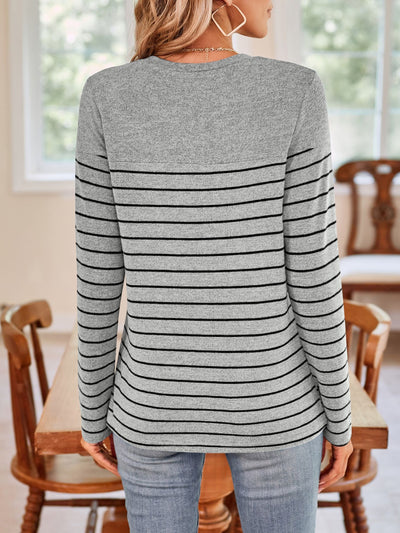 Explore More Collection - Quarter Button Striped Round Neck Long Sleeve T-Shirt