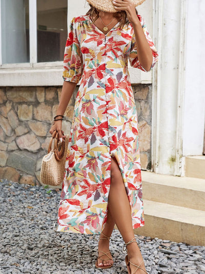 Explore More Collection - Printed V-Neck Half Sleeve Midi Dress