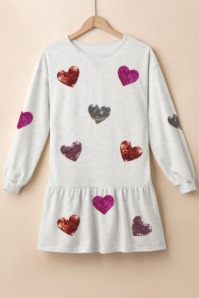 Explore More Collection - Sequin Heart Round Neck Long Sleeve Mini Dress