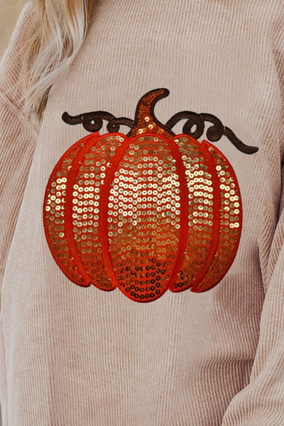 Explore More Collection - Sequin Pumpkin Round Neck Long Sleeve Sweatshirt