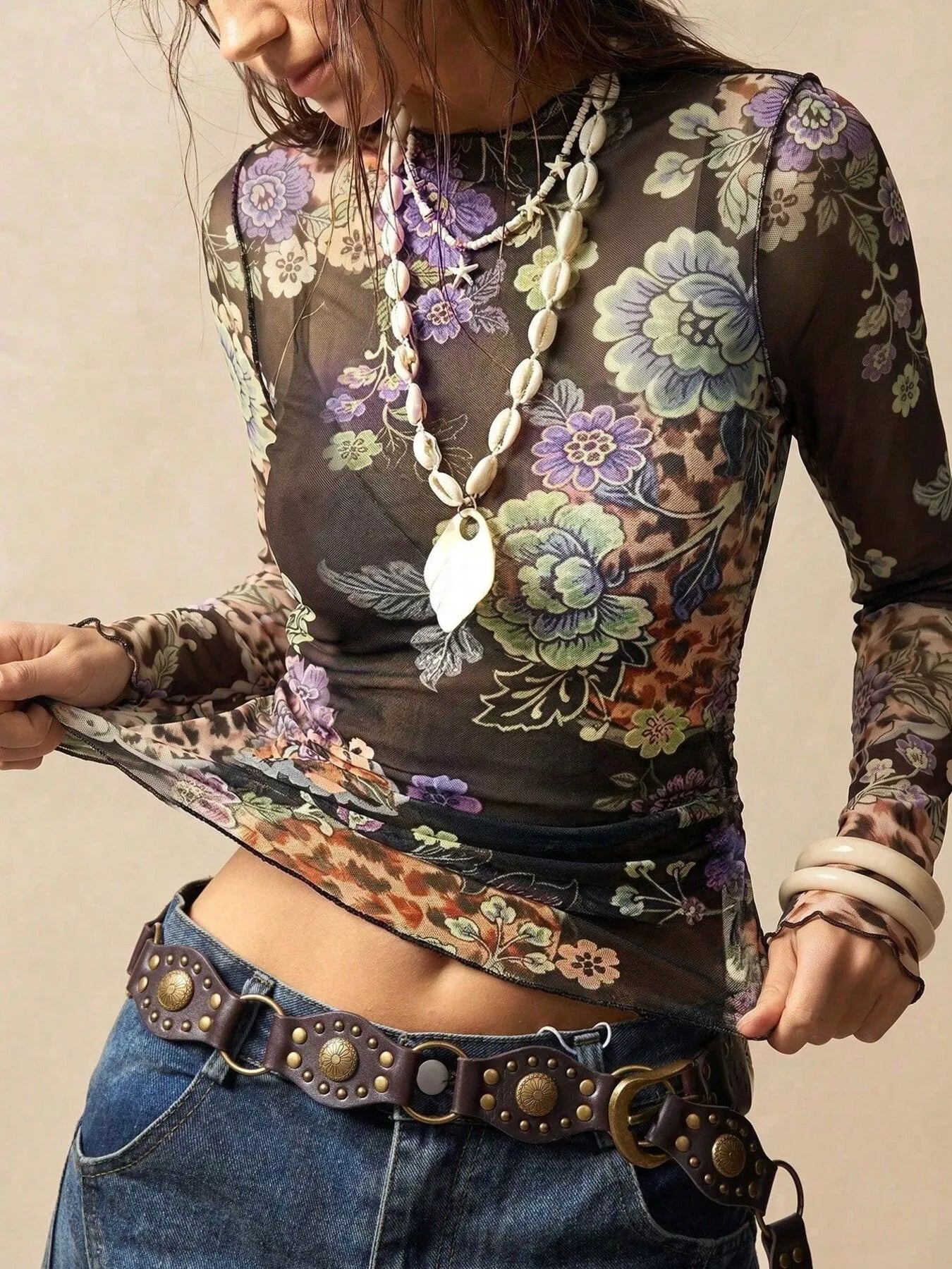Floral Mesh Long Sleeve Top