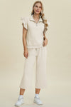 Explore More Collection - Double Take Full Size Texture Ruffle Short Sleeve Top and Wide Leg Pants Set