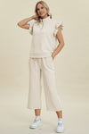 Explore More Collection - Double Take Full Size Texture Ruffle Short Sleeve Top and Wide Leg Pants Set