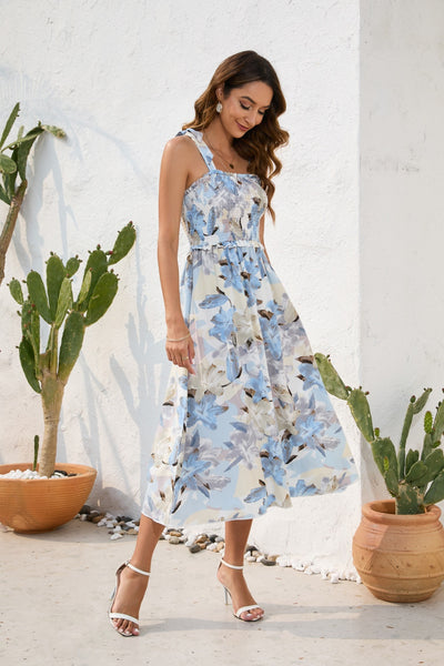 Explore More Collection - Smocked Printed Square Neck Midi Dress