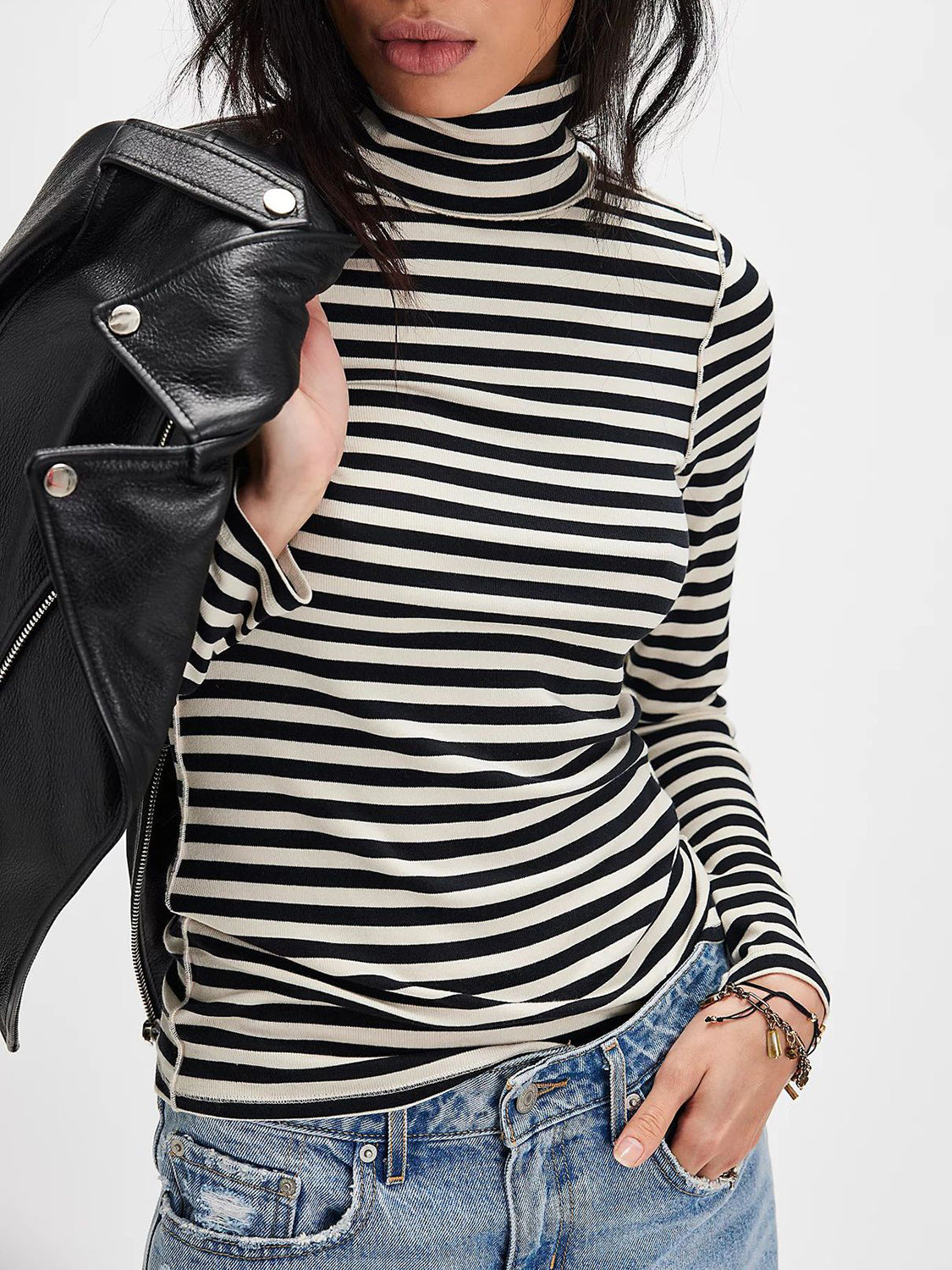 Explore More Collection - Exposed Seam Striped Turtleneck Long Sleeve T-Shirt