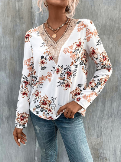 Explore More Collection - Printed V-Neck Long Sleeve Blouse