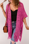 Explore More Collection - Openwork Open Front Cardigan with Fringes