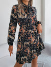 Explore More Collection - Pleated Printed Tie Neck Long Sleeve Dress