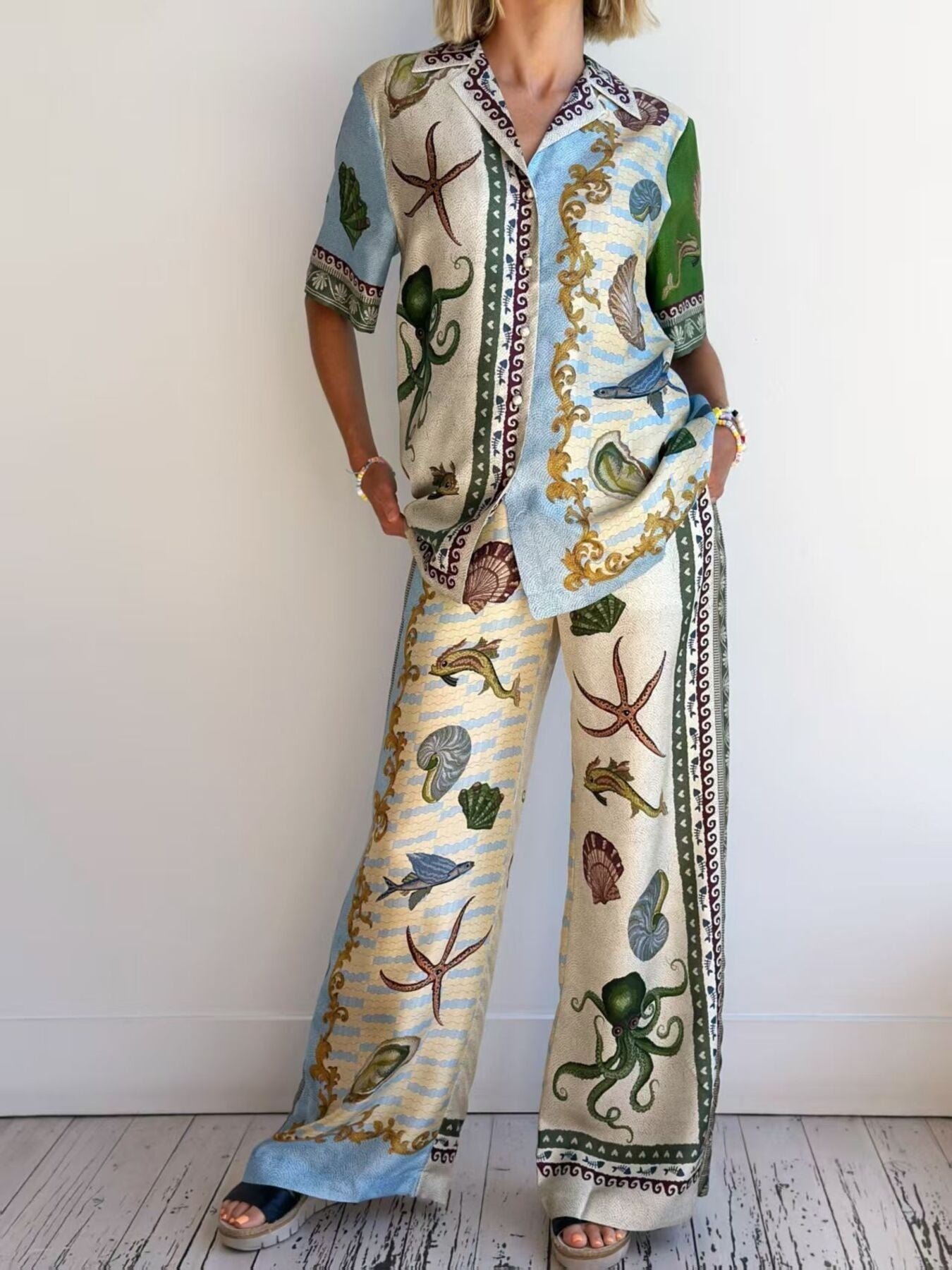 Ocean Print Button-Down Shirt and Wide Leg Pants Set