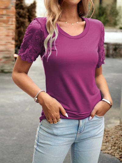 Explore More Collection - Lace Detail Round Neck Short Sleeve T-Shirt