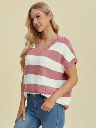 Explore More Collection - Double Take Full Size Striped V-Neck Short Sleeve Sweater