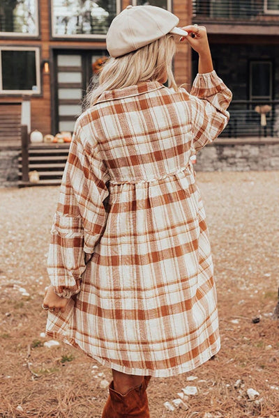 Explore More Collection - Plaid Collared Neck Long Sleeve Mini Shirt Dress