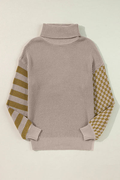 Explore More Collection - Checkered Striped Turtleneck Long Sleeve Sweater