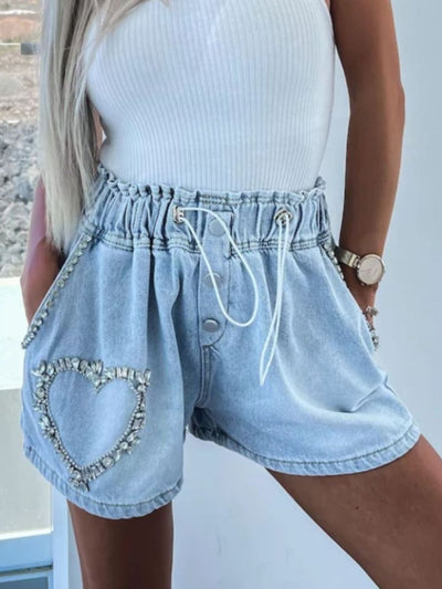 Explore More Collection - Rhinestone Drawstring Denim Shorts