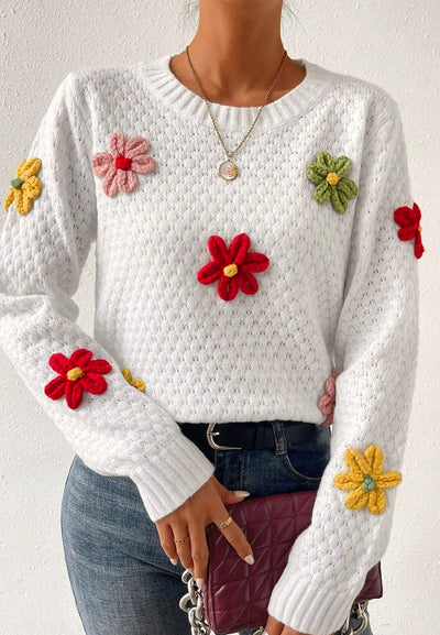 Explore More Collection - Crochet Flower Round Neck Long Sleeve Sweater