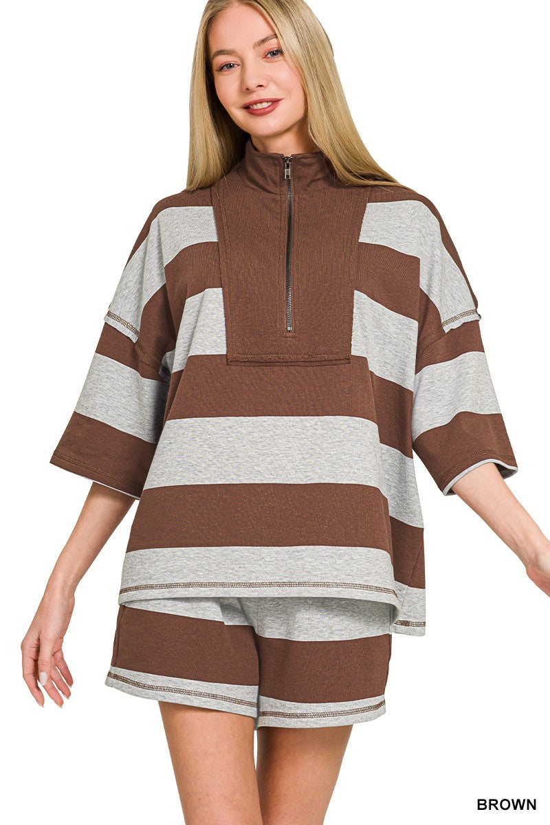 Zenana Frenchterry Striped Half Zip Top & Shorts Set