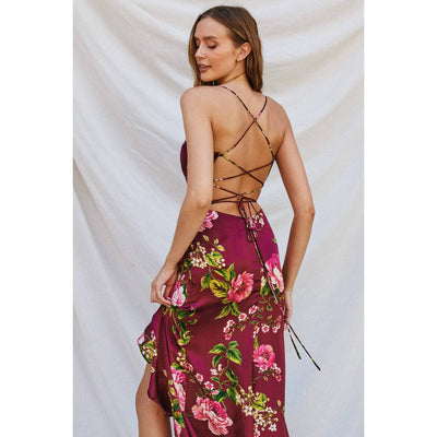 Perfect Option Open Back Ruffled Maxi Dress: MERLOT ROSE