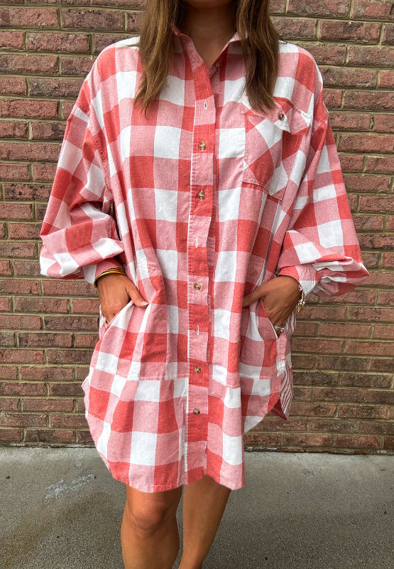 Explore More Collection - Plaid Collared Neck Long Sleeve Shirt Dress