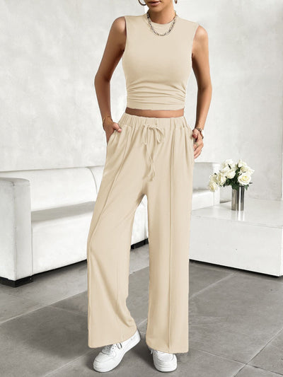 Explore More Collection - Mock Neck Sleeveless Top and Drawstring Pants Set