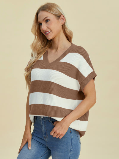 Explore More Collection - Double Take Full Size Striped V-Neck Short Sleeve Sweater