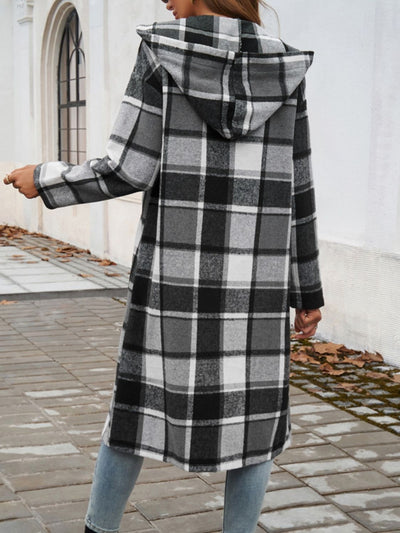 Explore More Collection - Plaid Long Sleeve Hooded Coat