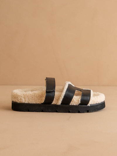 Explore More Collection - The Alpine | Black Faux Shearling Sandals