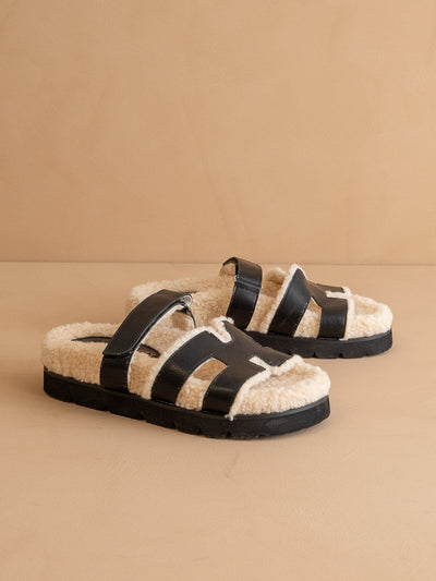 Explore More Collection - The Alpine | Black Faux Shearling Sandals