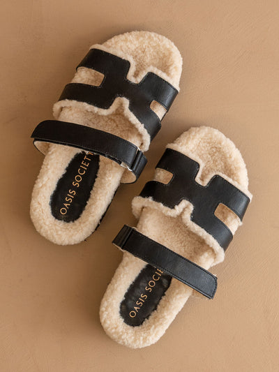 Explore More Collection - The Alpine | Black Faux Shearling Sandals