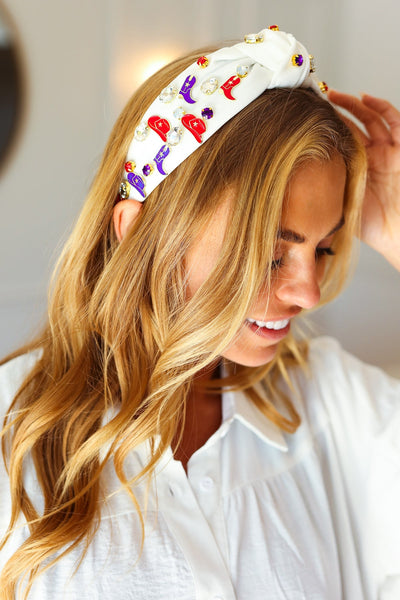 Explore More Collection - Red White & Blue Gem Cowboy Embellished Top Knot Headband