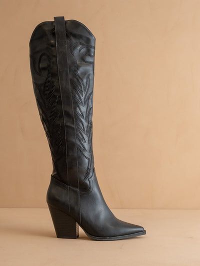 Explore More Collection - The Bronco | Black Knee High Embroidered Cowboy Boot