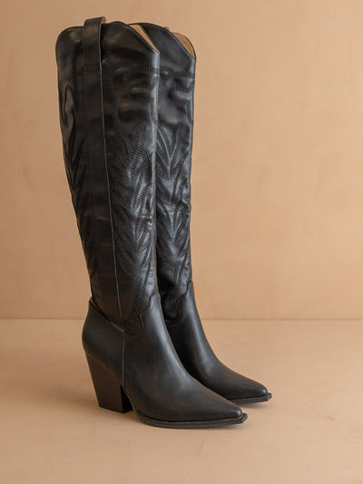 Explore More Collection - The Bronco | Black Knee High Embroidered Cowboy Boot