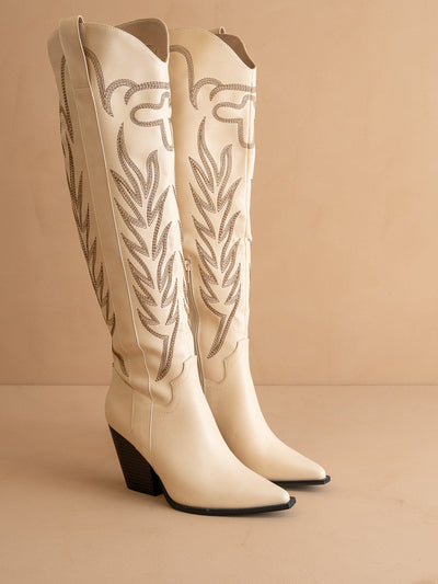 Explore More Collection - The Bronco | Off WhiteKnee High Embroidered Cowboy Boot