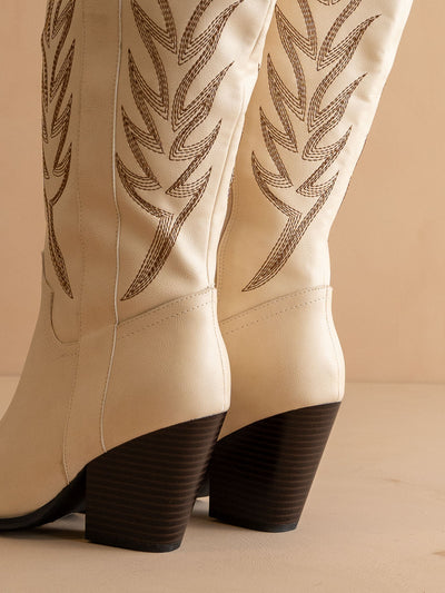 Explore More Collection - The Bronco | Off WhiteKnee High Embroidered Cowboy Boot
