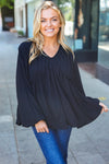 Explore More Collection - Simple Elegance Black V Neck Babydoll Woven Top