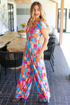 Explore More Collection - Scarlet & Aqua Geometric Print Wide Leg Jumpsuit