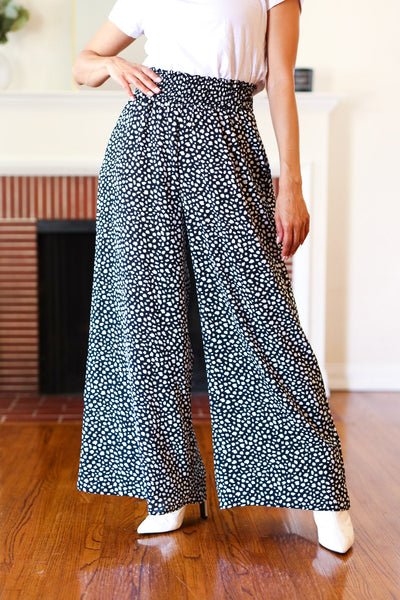Explore More Collection - Let's Meet Up Black Animal Print Smocked Waist Palazzo Pants