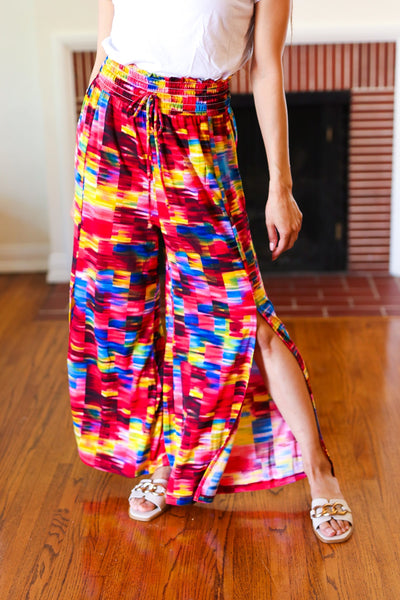 Explore More Collection - Vacay Vibes Kaleidoscope Smocked Waist Side Slit Palazzo Pants