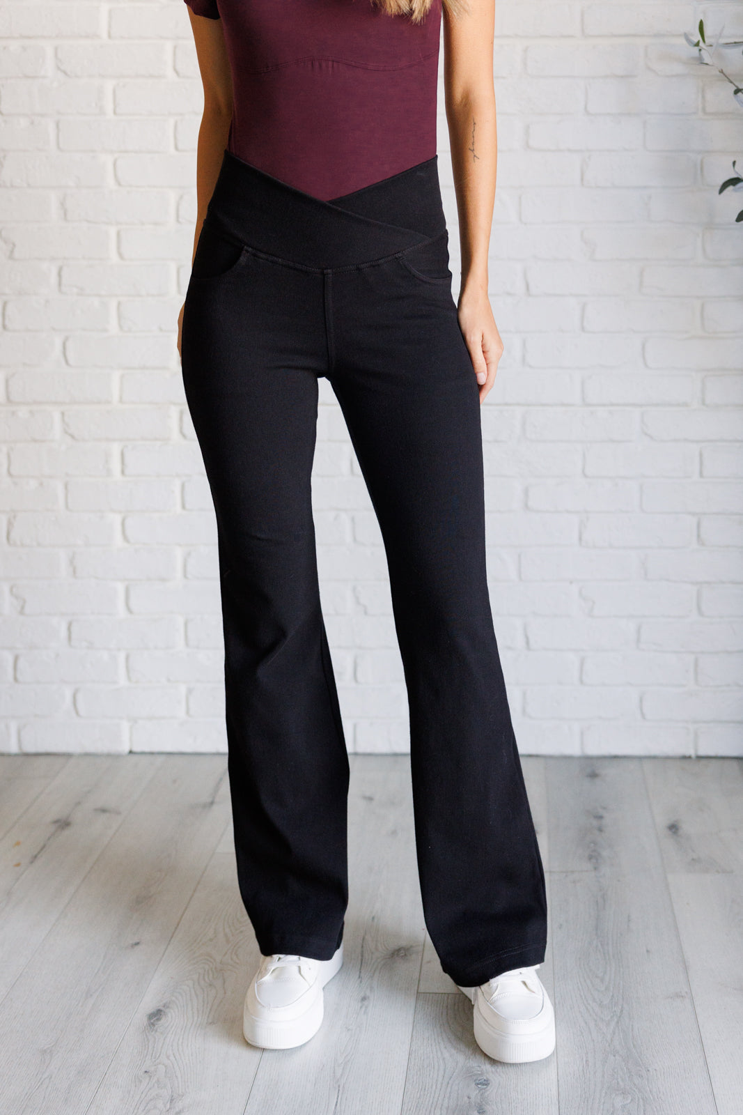 Explore More Collection - Building Habits Twill Flared Crossover Waist Pant in Black